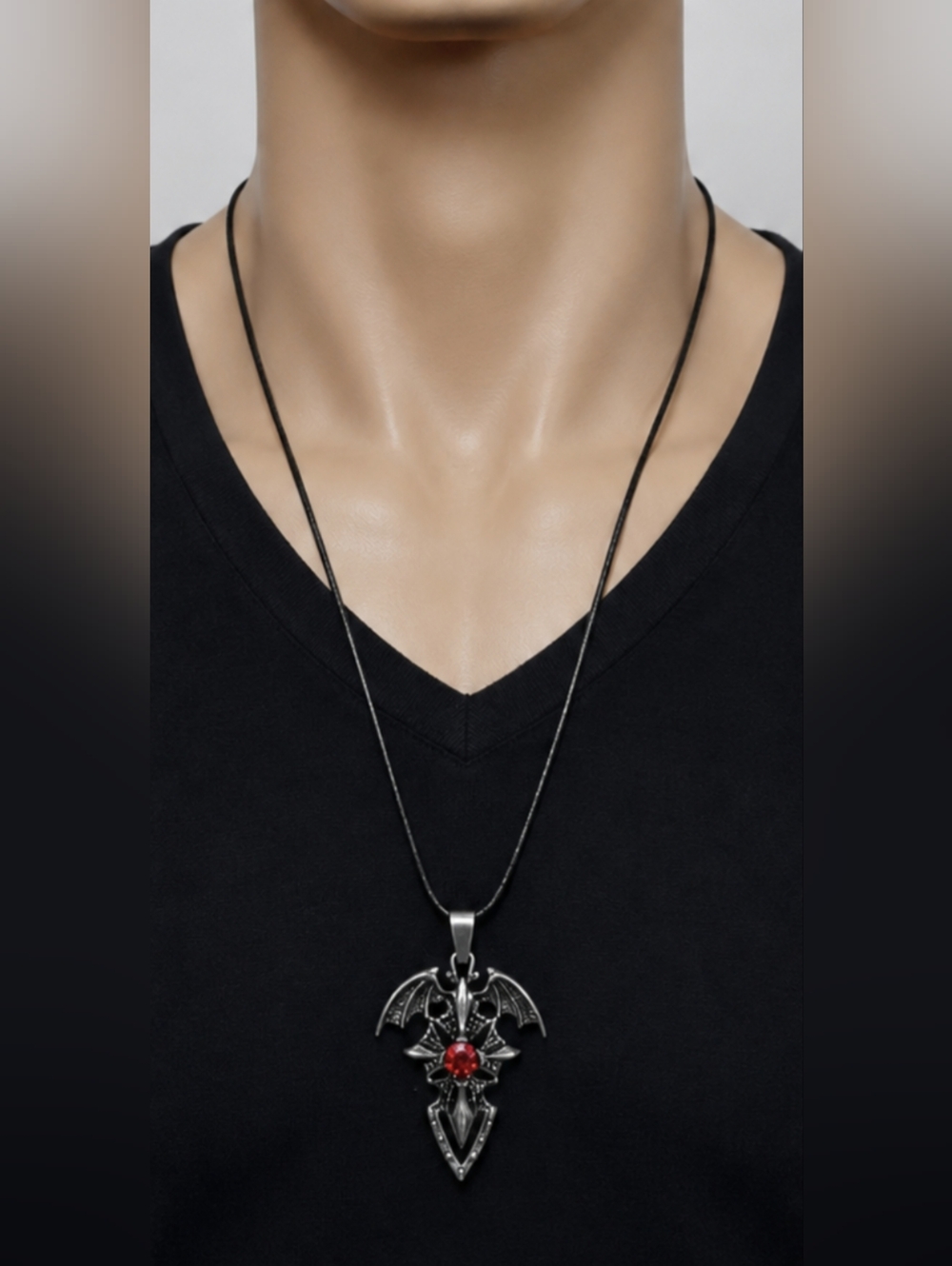Gothic Dragon Wings Pendant Necklace | Red Crystal | Black Cord, T5B9C